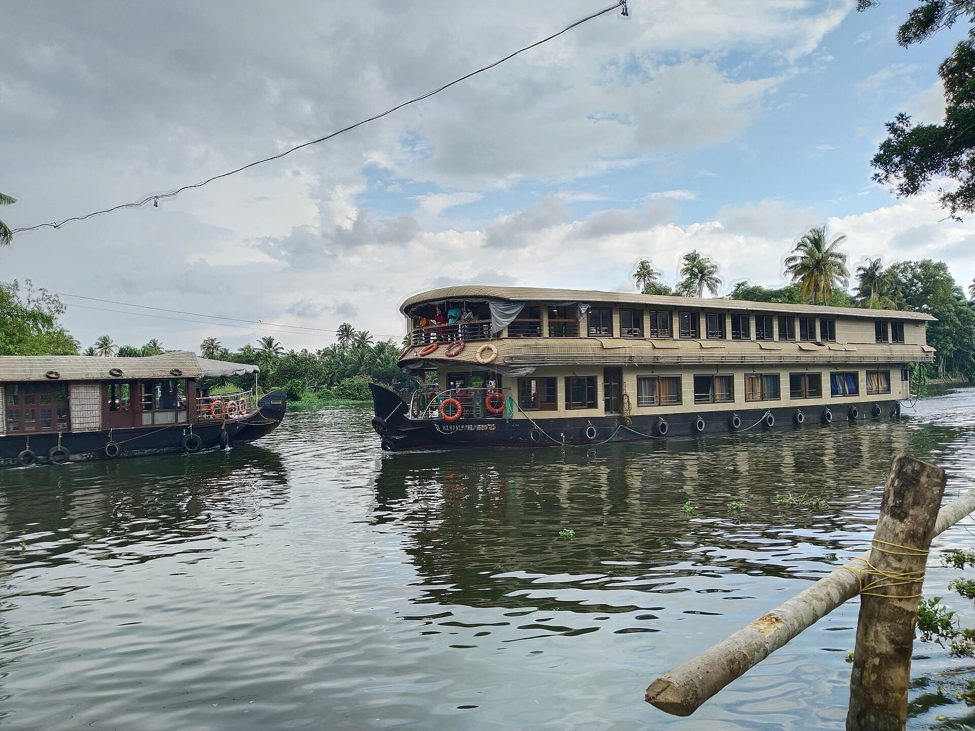 A two-storey houseboat on the Punnamada backwaters in Alappuzha